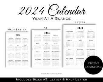 2024 Calendar Instant Download | Vertical Letter & Half Letter Year At A Glance | Printable