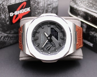 Casio G-SHOCK - Cuir CasiOak personnalisé Marron - Argent | 44mm | Acier inoxydable - montre et montre-bracelet pour homme | Casio GA-2100