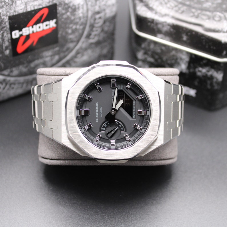CasiOak Custom G-Shock STEEL SILVER van Zeitmanufaktur Casio Mod GA2100 herenhorloge zilver 44 mm afbeelding 4