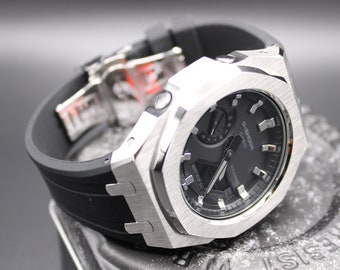 CasiOak - Custom G-Shock "BLACK ON SILVER" van Zeitmanufaktur - Casio Mod GA2100 - herenhorloge zilver/zwart 44 mm