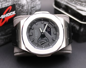 Casio G-SHOCK - Custom CasiOak Leder Schwarz - Silber | 44mm | Edelstahl  - Herrenuhr & Armbanduhr | Casio GA-2100