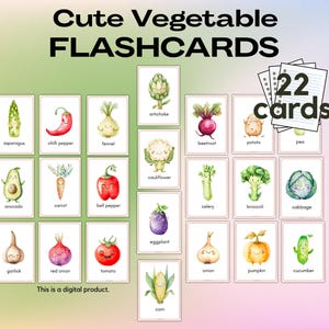 Digital Vegetable Flashcards, Cute Kawaii Digital Printable Flashcards