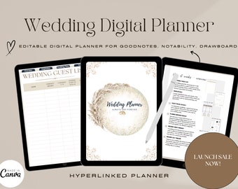 May include: A digital wedding planner with a gold and white floral design. The planner is for Goodnotes, Notability, and Drawboard. The text "Wedding Planner" and "Always and Forever" is on the cover. The text "LAUNCH SALE NOW!" is on a brown circle.