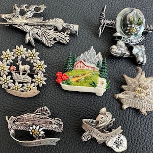 Puede incluir: Una colección de siete broches de recuerdo en metal plateado con varios diseños, incluyendo un ciervo con un rifle, un sombrero Kahlenberg con edelweiss, una corona floral con un ciervo, un paisaje de montaña, una flor de edelweiss, una cabaña y un broche de Rothenburg.