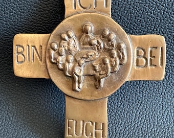 Vintage bronze wall decoration "The Last Supper", religious scene, First Communion cross, relief cross