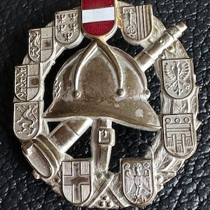 May include: A silver and red metal badge with a helmet, crossed rifles, and a wreath of shields. The shields feature various coats of arms, including the Austrian flag.