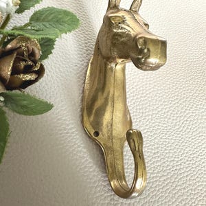 May include: A polished brass wall hook shaped like a horse head. The horse head is positioned at the top of the vertical mounting plate, while a curved hook extends from the bottom. The metal has a reflective, golden-toned finish throughout.