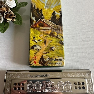 Puede incluir: Una armónica plateada con grabado decorativo y el texto "M. Hohner" debajo de una caja con el texto "The Echo Harp". La caja presenta una ilustración de paisaje de una cabaña y una persona caminando por un sendero.