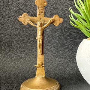 Antique Catholic brass mini tabletop crucifix, altar crucifix, standing crucifix