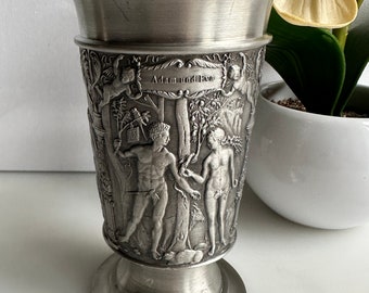 Vintage pewter wine goblet embossed with Adam and Eve