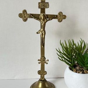 Antique Catholic brass tabletop crucifix, altar crucifix, standing crucifix