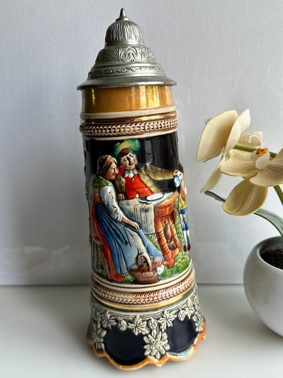 Tasse à Bière En Pierre Vintage Sigishofen - Peinte à La Main, Allemagne Années 1950