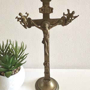 Antique Catholic brass tabletop crucifix, altar crucifix, standing crucifix