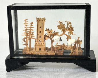 Antique Chinese carved cork diorama in a glass box, "Storks"