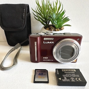 Pode incluir: Câmera digital Lumix bordô com estojo preto, cartão de memória e bateria. A câmera tem uma lente prateada e o texto "LUMIX HD AVCHD Lite". Uma pequena planta em um vaso branco também está presente.