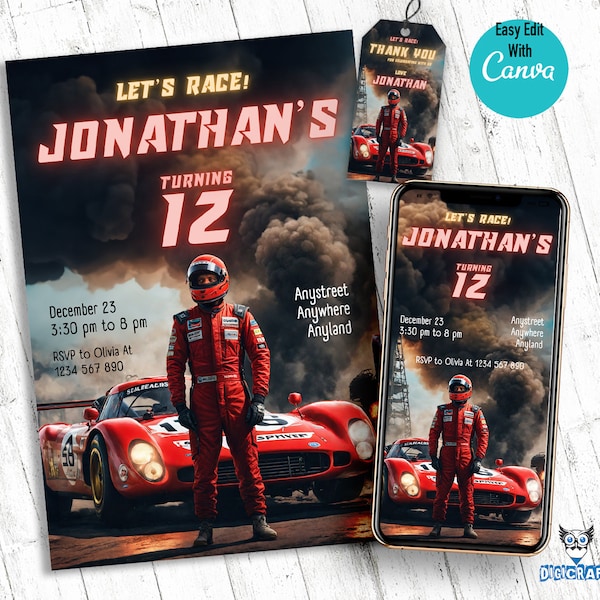 Racing Birthday Invitation Template for Kids Birthday Party Invitation, Digital Birthday Invitation, Nascar Invitation, Racing Thank You TAG