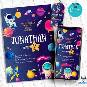 Modello di invito di compleanno nello spazio esterno per invito alla festa di compleanno dei bambini, invito di compleanno digitale, festa di compleanno dell'astronauta