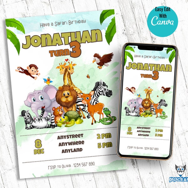 Safari Birthday Invitation Template for Kids Birthday Party Invitation, Digital Birthday Invitation, Tropical Birthday Party