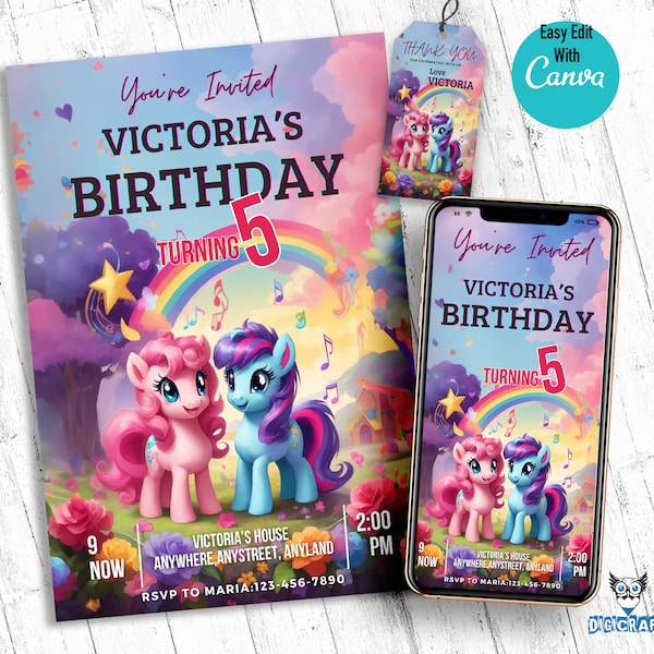 Little Pony Birthday Invitation Template for Kids Birthday Party Invitation, Digital Birthday Invitation, Little Pony Thank You TAG