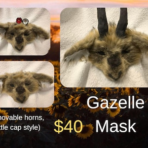 May include: A gazelle mask with removable horns and a bottle cap style. The mask is brown and tan with black accents. The text "Gazelle Mask" is displayed below the mask.