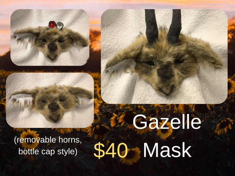 May include: A gazelle mask with removable horns and a bottle cap style. The mask is brown and tan with black accents. The text "Gazelle Mask" is displayed below the mask.
