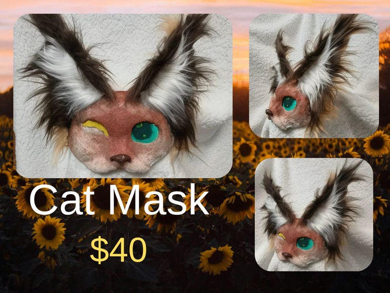 May include: A cat mask with brown, white, and black fur, and large, expressive eyes. The mask has a winking eye with a yellow accent and a green eye. The text "Cat Mask" is displayed in white.