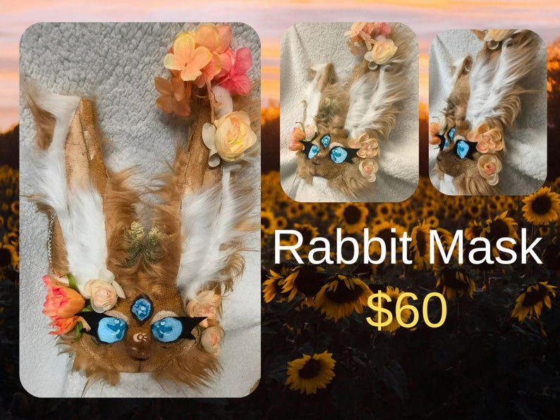 May include: A brown and white rabbit mask with large blue eyes, adorned with pink and peach-colored flowers. The mask has long, upright ears and is made of faux fur. The text "Rabbit Mask" is displayed below the mask.