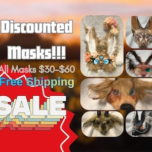 May include: An advertisement for discounted masks. The image features several animal-themed masks, including a rabbit, fox, and other creatures. The text reads "Discounted Masks!!! SALE". The masks are displayed against a blurred sunset background.