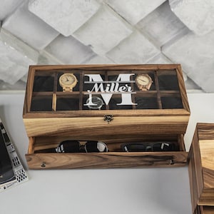 Wooden Watch Boxes for 12 and 6 watches with engraved glass or wood lid.