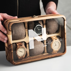 Wooden Watch Box for 6 watches with pillows included and glass lid engraving.