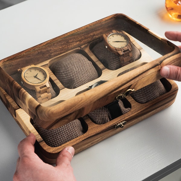 Solid wood watch case, Custom watch organizer, 6 slots watch box, Watch storage with lid, Watch box with lock