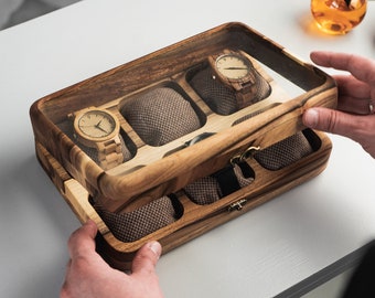 Caja de reloj de madera grabada personalizada para hombre - Capacidad para hasta 12 relojes - Exhibición de colección de relojes