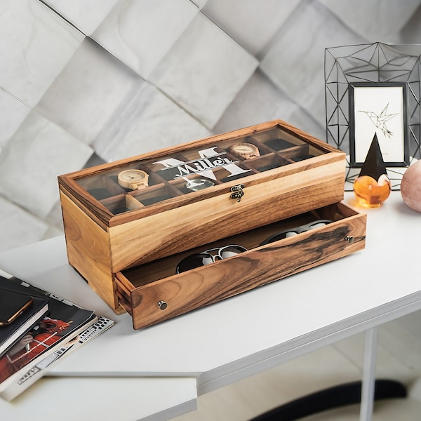 Caja de reloj de madera de nogal para hombre - Caja de reloj personalizada para hombre, vitrina de vidrio, almacenamiento de reloj grabado, caja de reloj para hombre con cajón