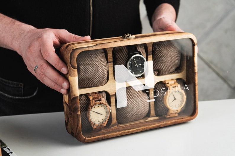 Wooden Watch Box for 6 watches with pillows included and glass lid engraving.