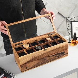 Walnut Wood Watch Box for Men Personalized Watch Box for Men, Glass Display Case, Engraved Watch Storage, Men's Watch Box with Drawer image 5