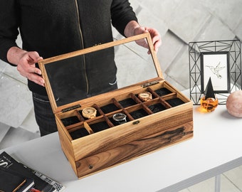 Watch storage box, Wooden watch organizer personalized, Solid wood watch case, Watch and sunglasses organizer with lock, Drawer watch box