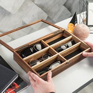 Handgemaakte houten zonnebril opbergdoos - Brillendoos, zonnebrilopslag, elegante organizer, handgemaakte doos, brillenvitrine