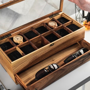 Walnut Wood Watch Box for Men Personalized Watch Box for Men, Glass Display Case, Engraved Watch Storage, Men's Watch Box with Drawer image 8