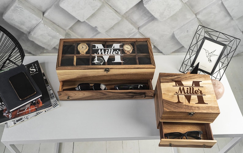 Wooden Watch Boxes for 12 and 6 watches with engraved glass or wood lid.