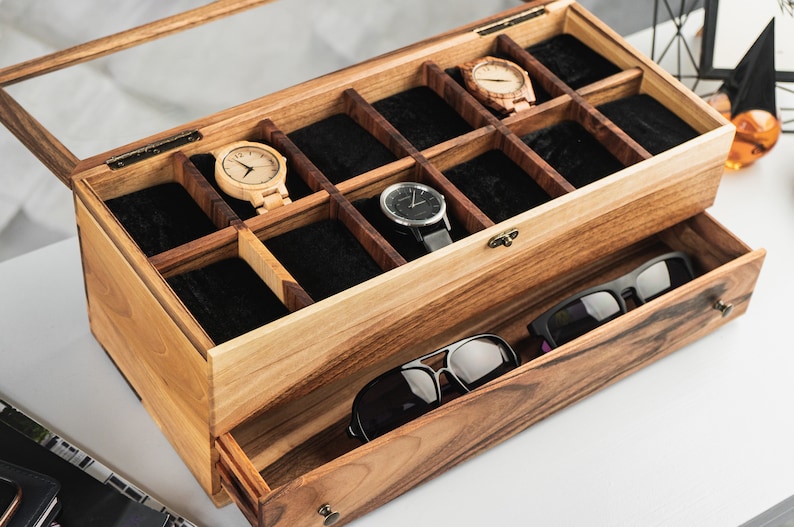 Walnut Wood Watch Box for Men Personalized Watch Box for Men, Glass Display Case, Engraved Watch Storage, Men's Watch Box with Drawer image 3
