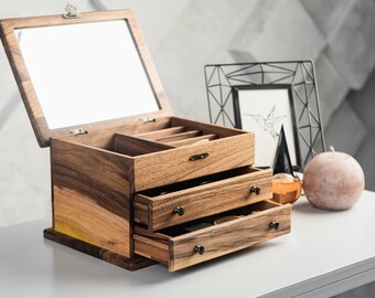 Luxury jewelry box, Jewelry organizer for women, Natural wood jewelry box, Earrings case, Necklace wood organizer