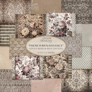 Papel del Viejo Mundo, hojas de diario vintage de 8,5 x 11, álbum de recortes con peonías, elegante damasco rosa, tarjetas de felicitación Harlequin, papel digital textil de alta calidad.