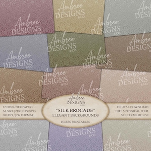 May include: A collection of 12 designer papers with a silk brocade pattern in various colors, including pink, green, and beige. The papers are A4 size and are high-resolution printables.