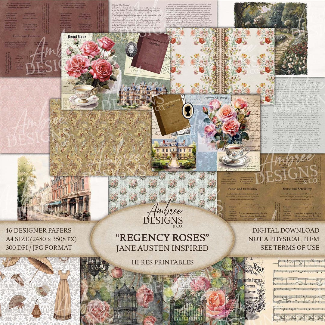 Regency Pattern Paper Sheets A4-size Regency Roses Paper, Jane Austen Inspired, Vintage Floral ...