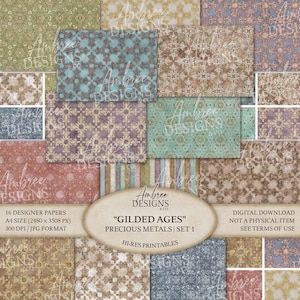 Könnte beinhalten: Eine Sammlung von 16 Designpapieren mit verschiedenen Mustern und Farben, darunter Gold, Blau und Lila. Die Papiere sind mit "Gilded Ages" und "Precious Metals | Set 1" beschriftet. Das Bild enthält auch den Text "Hi-Res Printables".