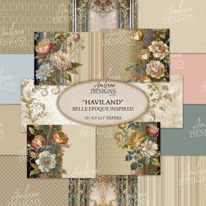 Papel floral vintage, 8,5 x 11, inspirado en el Art Nouveau, hojas de álbum de recortes con peonías, páginas de diario ricas y detalladas, elegante tarjeta de felicitación, Art Nouveau