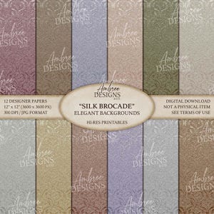 Pode incluir: Doze papéis de design digital com um padrão de brocado de seda em várias cores, incluindo tons de rosa, castanho, verde e cinza. Cada papel mede 30,48 cm x 30,48 cm, adequados para fundos elegantes.