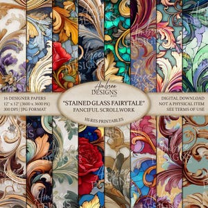 Puede incluir: Una colección de 16 papeles de diseño con el tema 'Stained Glass Fairytale'. Cada papel presenta coloridos y ornamentados diseños de volutas y florales en tonos de rojo, azul, dorado y verde. Los papeles miden 30.48 cm x 30.48 cm y son imprimibles de alta resolución.