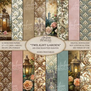 Puede incluir: Paquete de papel digital con 16 papeles de diseño de estética vintage. Los papeles muestran patrones florales, damasco y castillos en tonos apagados de marrón, rosa y verde. Cada papel mide 30,48 x 30,48 cm.