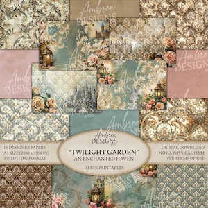 Puede incluir: Una colección de 16 papeles de diseño con estética vintage. Los papeles presentan diseños florales, de castillos y de linternas en tonos turquesa, beige y rosa. El texto dice "Twilight Garden" y "An Enchanted Haven".